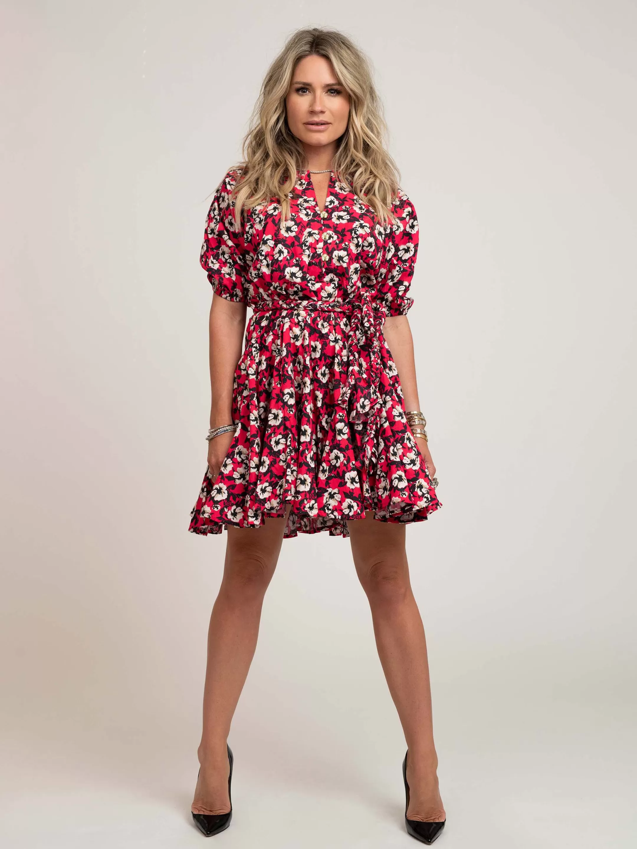 Sale NIKKIE Flower print dress with rope Fuchsia/Black