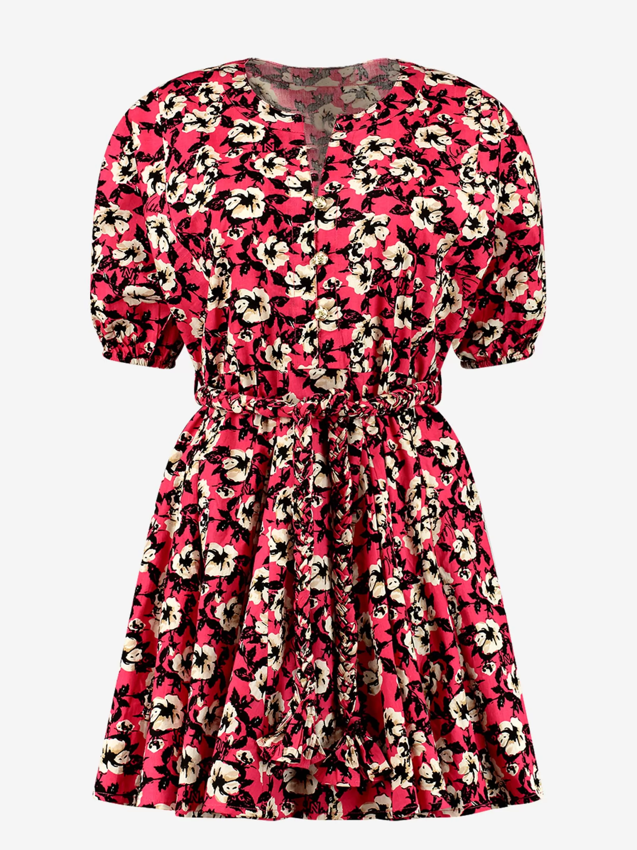 Sale NIKKIE Flower print dress with rope Fuchsia/Black